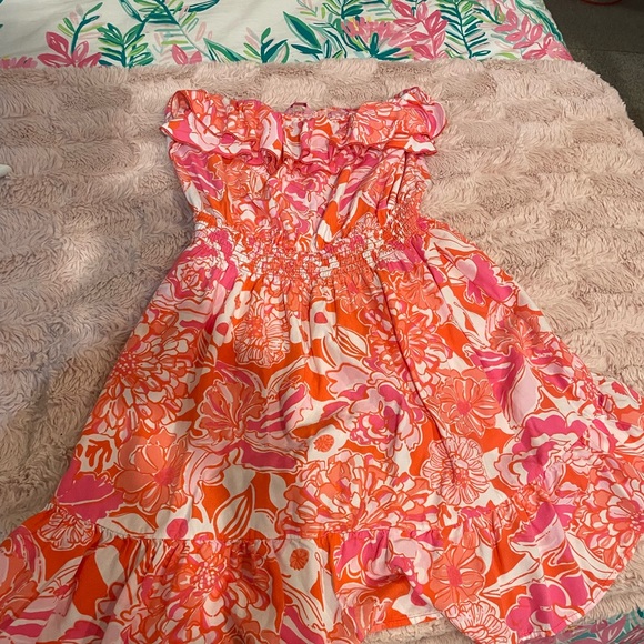 Lilly Pulitzer Floral Pink and Orange strapless  Dress size large - Picture 2 of 6